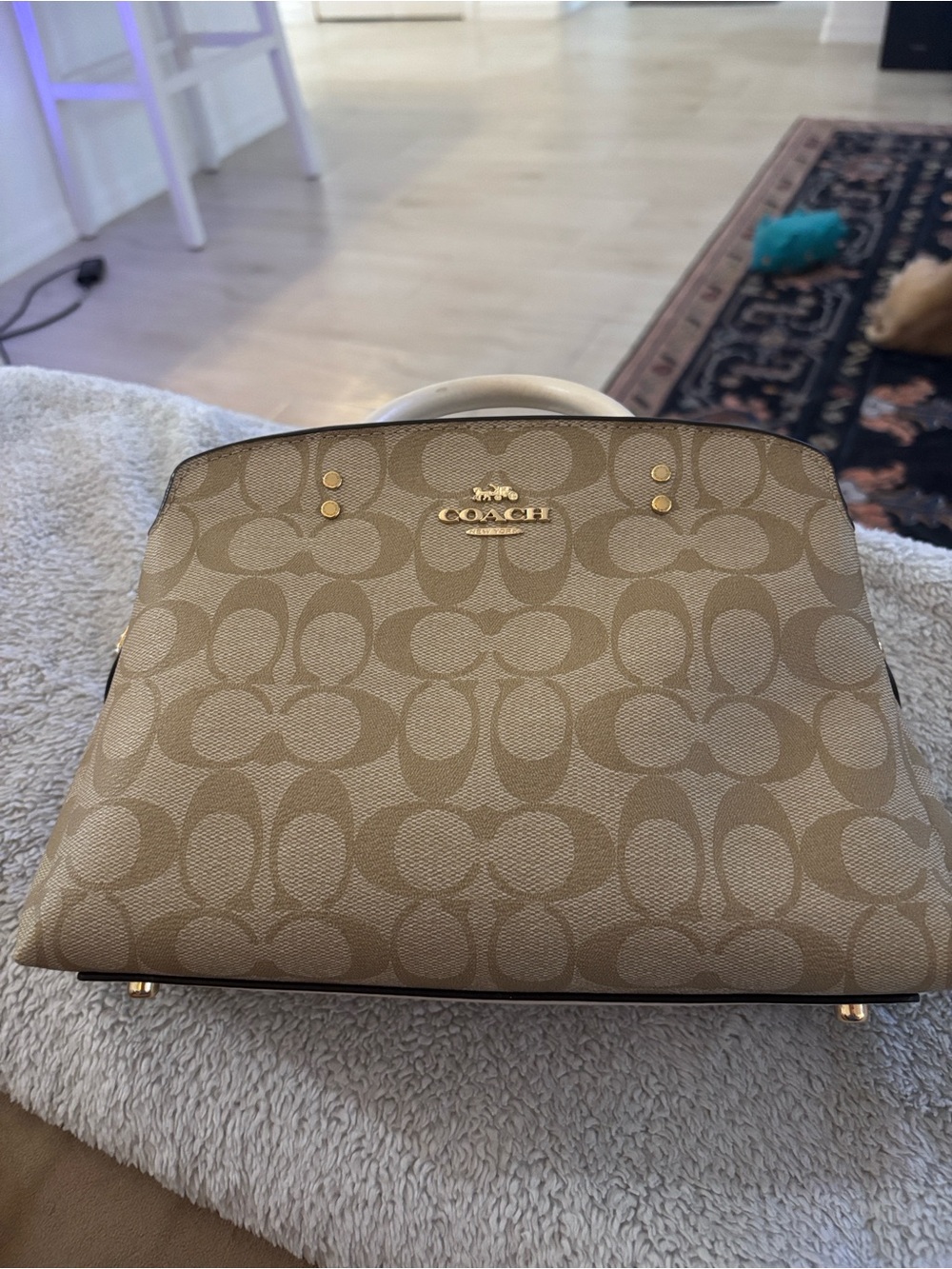 Coach Khaki/Chalk Signature Satchel with Gold Hardware